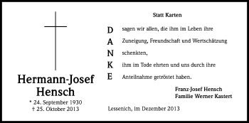 Anzeige von Hermann-Josef Hensch von Kölner Stadt-Anzeiger / Kölnische Rundschau / Express