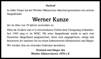 Anzeige von Werner Kunze von Kölner Stadt-Anzeiger / Kölnische Rundschau / Express