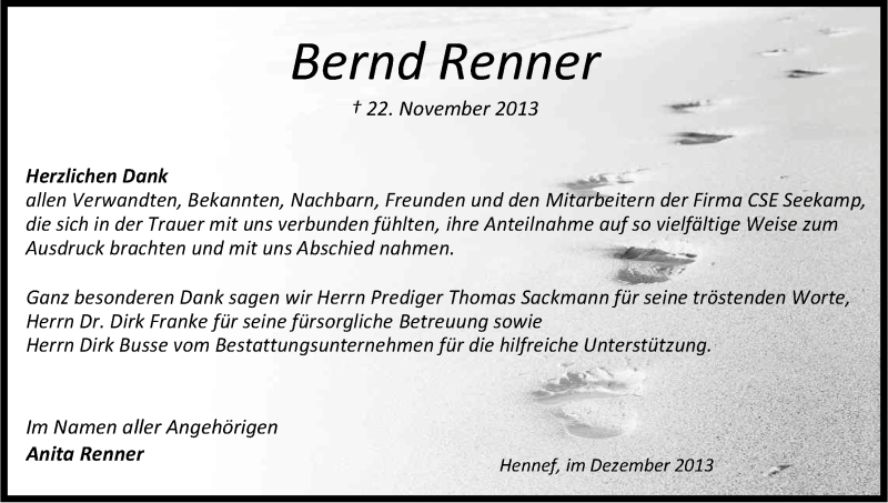  Traueranzeige für Bernd Renner vom 14.12.2013 aus Kölner Stadt-Anzeiger / Kölnische Rundschau / Express