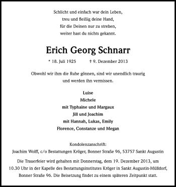 Anzeige von Erich Georg Schnarr von Kölner Stadt-Anzeiger / Kölnische Rundschau / Express