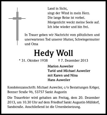 Anzeige von Hedy Woll von Kölner Stadt-Anzeiger / Kölnische Rundschau / Express