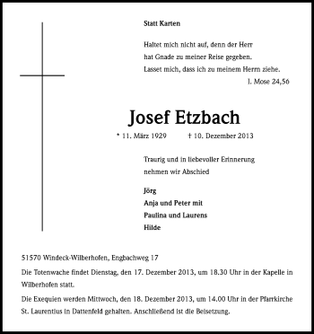 Anzeige von Josef Etzbach von Kölner Stadt-Anzeiger / Kölnische Rundschau / Express