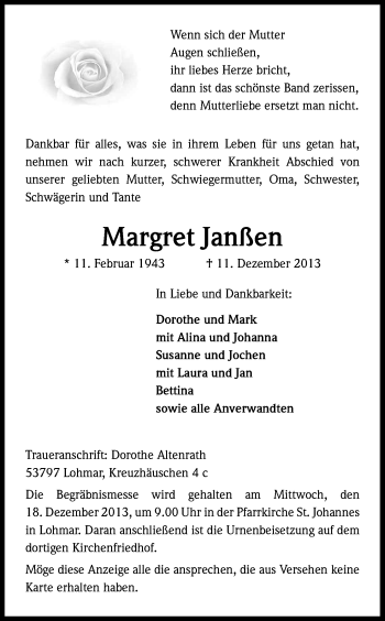 Anzeige von Margret Janßen von Kölner Stadt-Anzeiger / Kölnische Rundschau / Express
