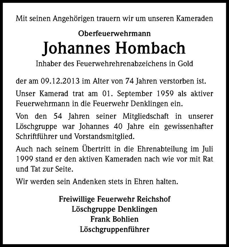  Traueranzeige für Johannes Hombach vom 14.12.2013 aus Kölner Stadt-Anzeiger / Kölnische Rundschau / Express