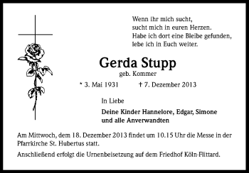 Anzeige von Gerda Stupp von Kölner Stadt-Anzeiger / Kölnische Rundschau / Express
