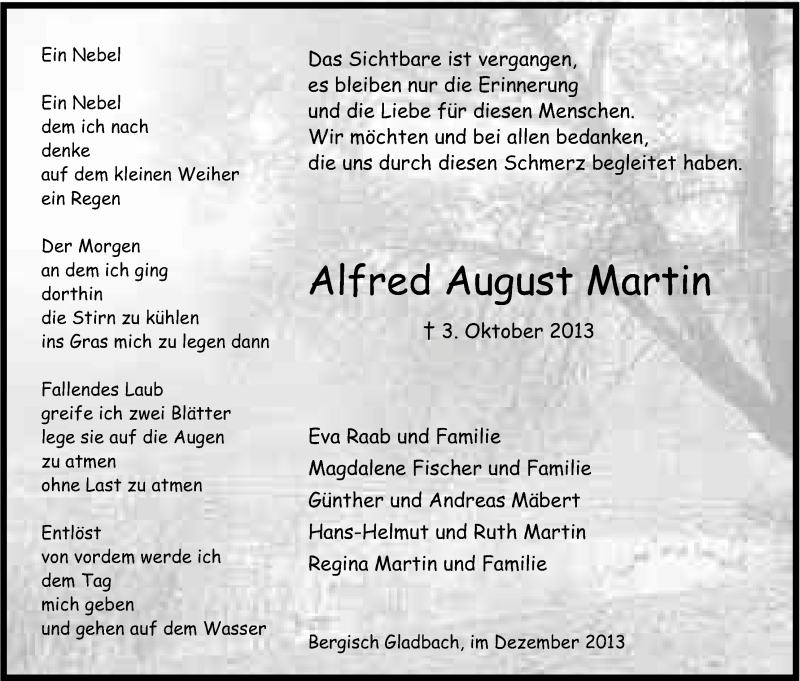  Traueranzeige für Alfred August Martin vom 14.12.2013 aus Kölner Stadt-Anzeiger / Kölnische Rundschau / Express