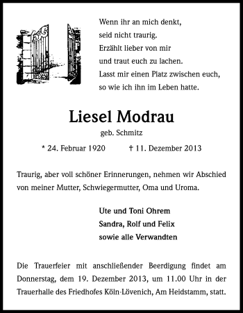 Anzeige von Elisabeth Modrau von Kölner Stadt-Anzeiger / Kölnische Rundschau / Express