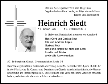 Anzeige von Heinrich Siedt von Kölner Stadt-Anzeiger / Kölnische Rundschau / Express
