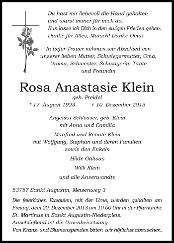 Anzeige von Rosa Klein von Kölner Stadt-Anzeiger / Kölnische Rundschau / Express