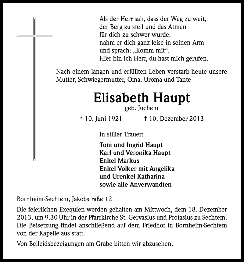  Traueranzeige für Elisabeth Haupt vom 14.12.2013 aus Kölner Stadt-Anzeiger / Kölnische Rundschau / Express