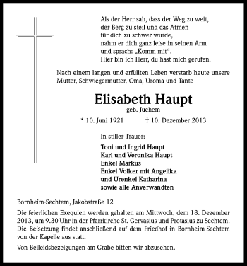 Anzeige von Elisabeth Haupt von Kölner Stadt-Anzeiger / Kölnische Rundschau / Express