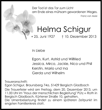 Anzeige von Helma Schigur von Kölner Stadt-Anzeiger / Kölnische Rundschau / Express