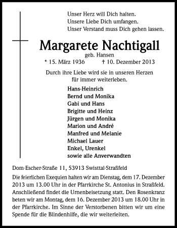 Anzeige von Margarete Nachtigall von Kölner Stadt-Anzeiger / Kölnische Rundschau / Express