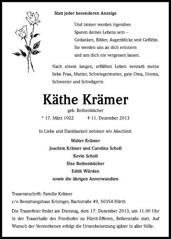 Anzeige von Käthe Krämer von Kölner Stadt-Anzeiger / Kölnische Rundschau / Express