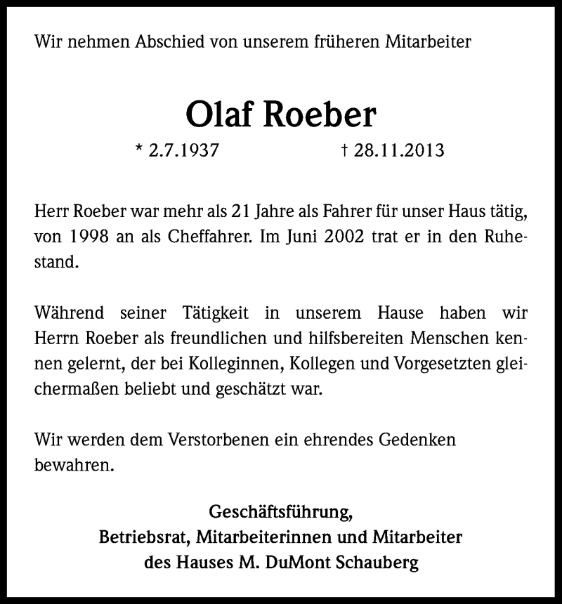  Traueranzeige für Olaf Roeber vom 14.12.2013 aus Kölner Stadt-Anzeiger / Kölnische Rundschau / Express
