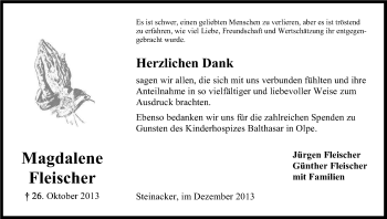 Anzeige von Magdalene Fleischer von Kölner Stadt-Anzeiger / Kölnische Rundschau / Express