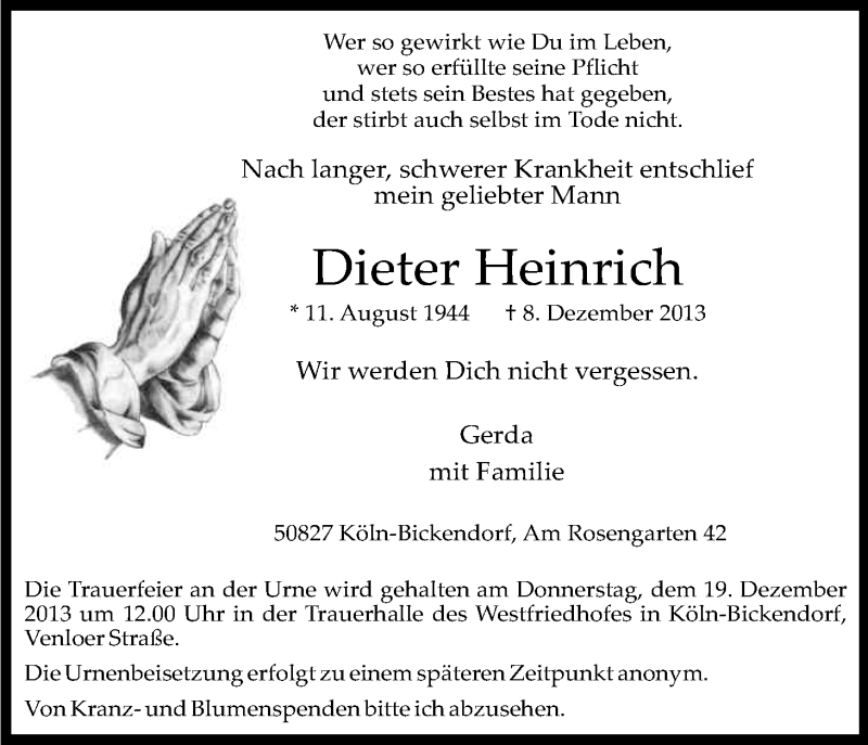  Traueranzeige für Dieter Heinrich vom 14.12.2013 aus Kölner Stadt-Anzeiger / Kölnische Rundschau / Express