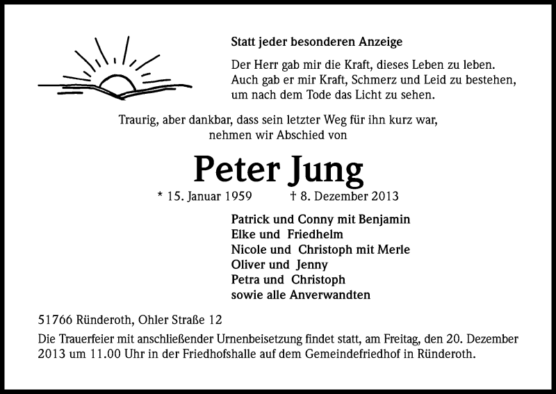  Traueranzeige für Peter Jung vom 14.12.2013 aus Kölner Stadt-Anzeiger / Kölnische Rundschau / Express