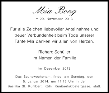Anzeige von Mia Bong von Kölner Stadt-Anzeiger / Kölnische Rundschau / Express