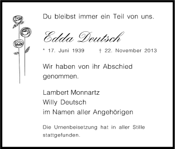 Anzeige von Edda Deutsch von Kölner Stadt-Anzeiger / Kölnische Rundschau / Express
