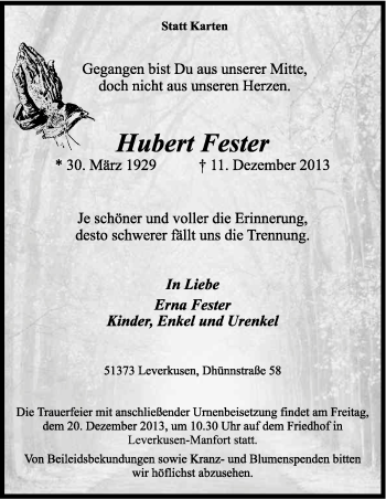 Anzeige von Hubert Fester von Kölner Stadt-Anzeiger / Kölnische Rundschau / Express
