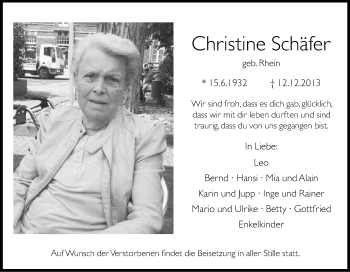 Anzeige von Christine Schäfer von Kölner Stadt-Anzeiger / Kölnische Rundschau / Express