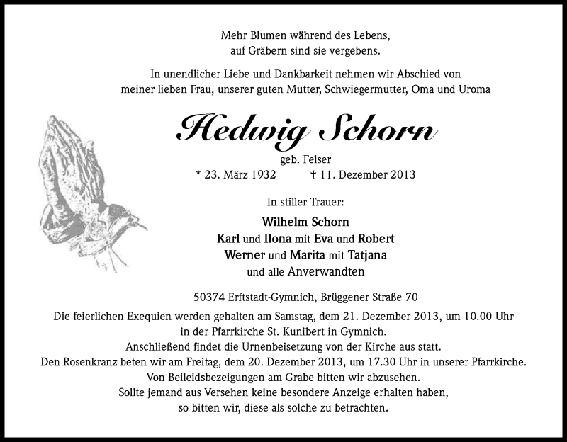  Traueranzeige für Hedwig Schorn vom 19.12.2013 aus Kölner Stadt-Anzeiger / Kölnische Rundschau / Express