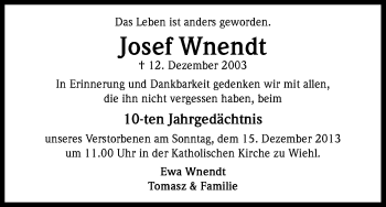 Anzeige von Josef Wnendt von Kölner Stadt-Anzeiger / Kölnische Rundschau / Express