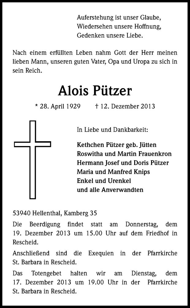  Traueranzeige für Alois Pützer vom 16.12.2013 aus Kölner Stadt-Anzeiger / Kölnische Rundschau / Express