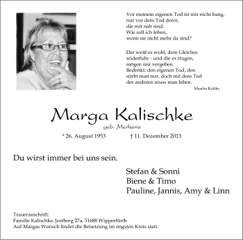 Anzeige von Marga Kalischke von Kölner Stadt-Anzeiger / Kölnische Rundschau / Express