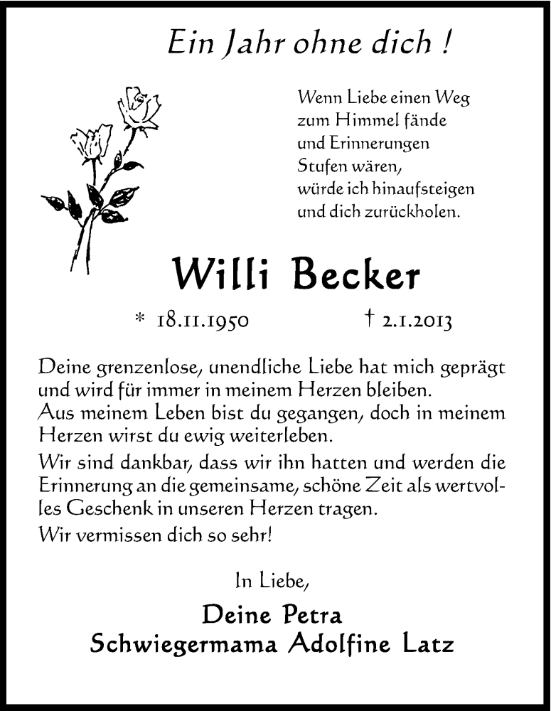  Traueranzeige für Willi Becker vom 04.01.2014 aus Kölner Stadt-Anzeiger / Kölnische Rundschau / Express