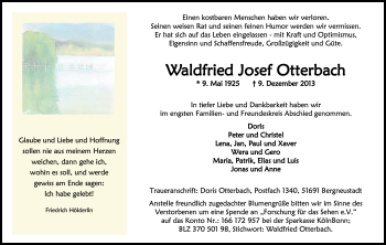 Anzeige von Waldfried Josef Otterbach von Kölner Stadt-Anzeiger / Kölnische Rundschau / Express