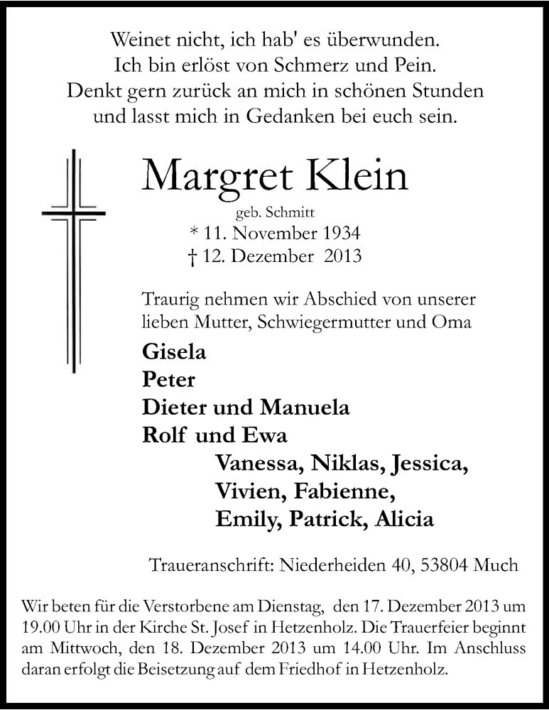  Traueranzeige für Margret Klein vom 14.12.2013 aus Kölner Stadt-Anzeiger / Kölnische Rundschau / Express