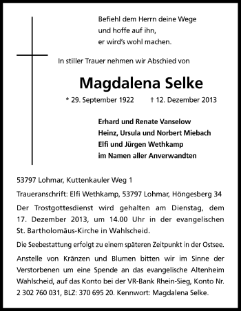 Anzeige von Magdalena Selke von Kölner Stadt-Anzeiger / Kölnische Rundschau / Express