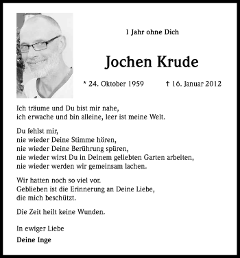 Anzeige von Jochen Krude von Kölner Stadt-Anzeiger / Kölnische Rundschau / Express