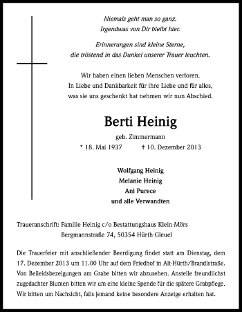 Anzeige von Berti Heinig von Kölner Stadt-Anzeiger / Kölnische Rundschau / Express