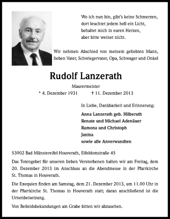 Anzeige von Rudolf Lanzerath von Kölner Stadt-Anzeiger / Kölnische Rundschau / Express