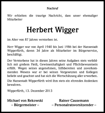Anzeige von Herbert Wigger von Kölner Stadt-Anzeiger / Kölnische Rundschau / Express