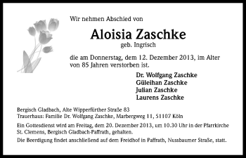 Anzeige von Aloisia Zaschke von Kölner Stadt-Anzeiger / Kölnische Rundschau / Express