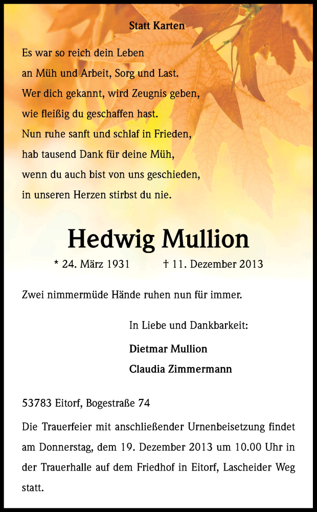  Traueranzeige für Hedwig Mullion vom 14.12.2013 aus Kölner Stadt-Anzeiger / Kölnische Rundschau / Express