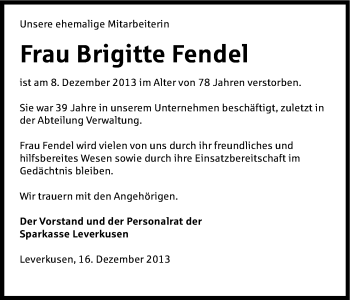 Anzeige von Brigittte Fendel von Kölner Stadt-Anzeiger / Kölnische Rundschau / Express