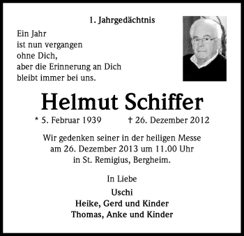 Anzeige von Helmut Schiffer von Kölner Stadt-Anzeiger / Kölnische Rundschau / Express