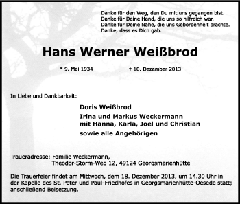 Anzeige von Hans Werner Weißbrod von Kölner Stadt-Anzeiger / Kölnische Rundschau / Express
