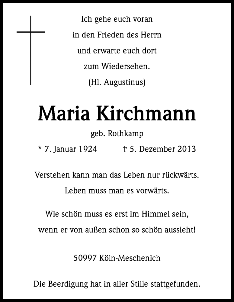  Traueranzeige für Maria Kirchmann vom 18.12.2013 aus Kölner Stadt-Anzeiger / Kölnische Rundschau / Express