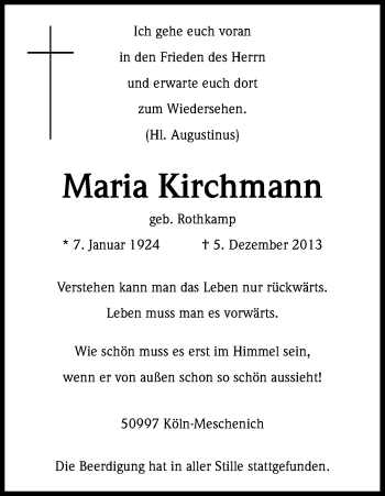 Anzeige von Maria Kirchmann von Kölner Stadt-Anzeiger / Kölnische Rundschau / Express