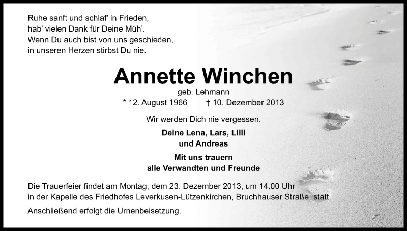 Traueranzeige für Annette Winchen vom 18.12.2013 aus Kölner Stadt-Anzeiger / Kölnische Rundschau / Express
