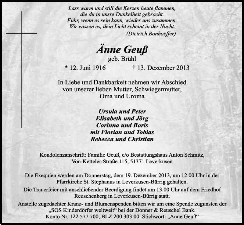  Traueranzeige für Änne Geuss vom 16.12.2013 aus Kölner Stadt-Anzeiger / Kölnische Rundschau / Express
