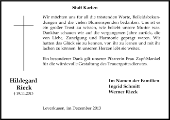 Anzeige von Hildegard Rieck von Kölner Stadt-Anzeiger / Kölnische Rundschau / Express