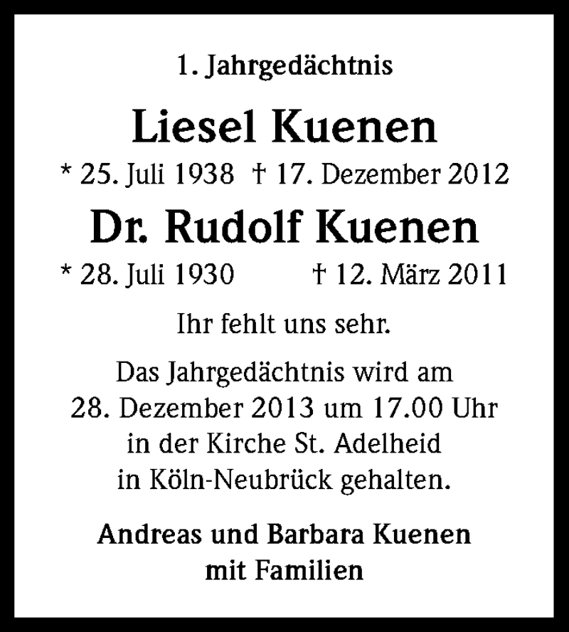  Traueranzeige für Liesel Kuenen vom 17.12.2013 aus Kölner Stadt-Anzeiger / Kölnische Rundschau / Express