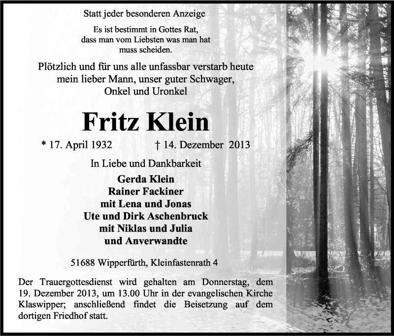  Traueranzeige für Fritz Klein vom 17.12.2013 aus Kölner Stadt-Anzeiger / Kölnische Rundschau / Express